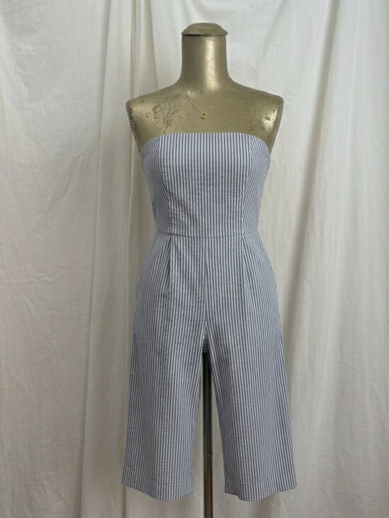Club Monaco Pants - Club Monaco Blue White Striped Strapless Jumpsuit Wide Leg Cotton Size 0 Summer